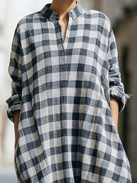Relaxed Checkered Midi Shirt Dress