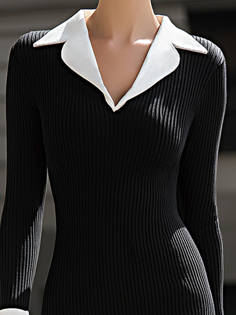 Black And White Contrast Knit Midi Dress