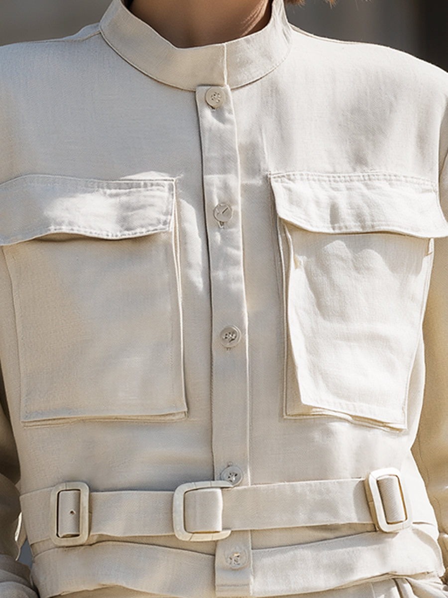 Ivory Belted Utility Shirt Jacket