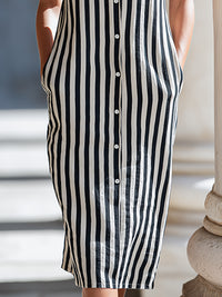 Sleeveless Vertical Stripe Button-Front Midi Dress