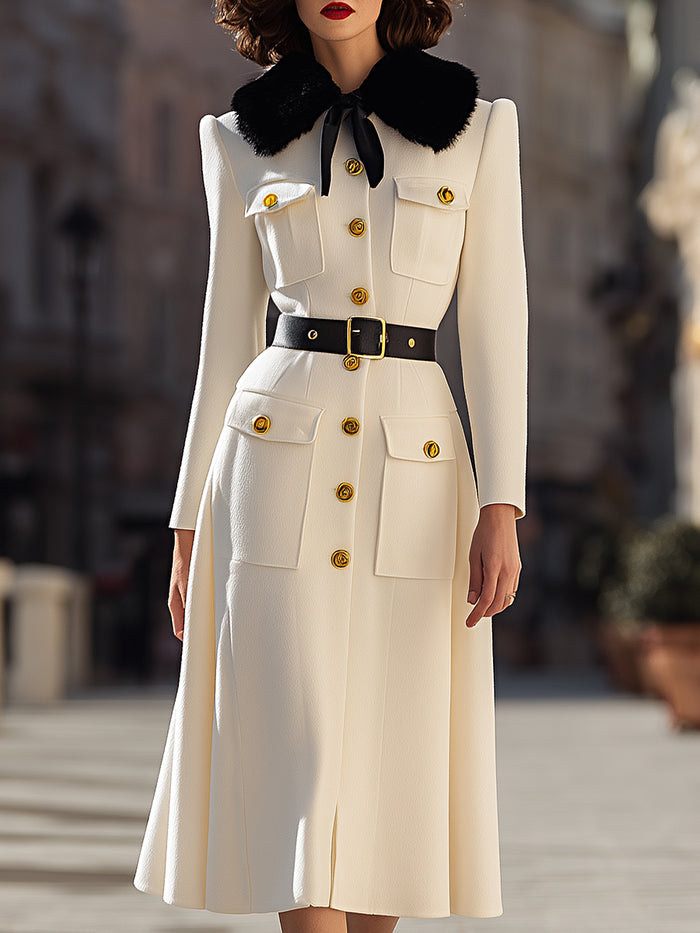 Ivory Military-Inspired Midi Coat Dress With Faux Fur Collar