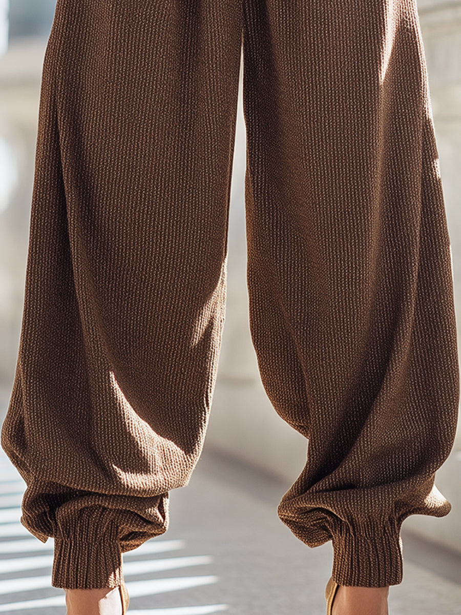 Brown Striped High-Waisted Balloon Pants