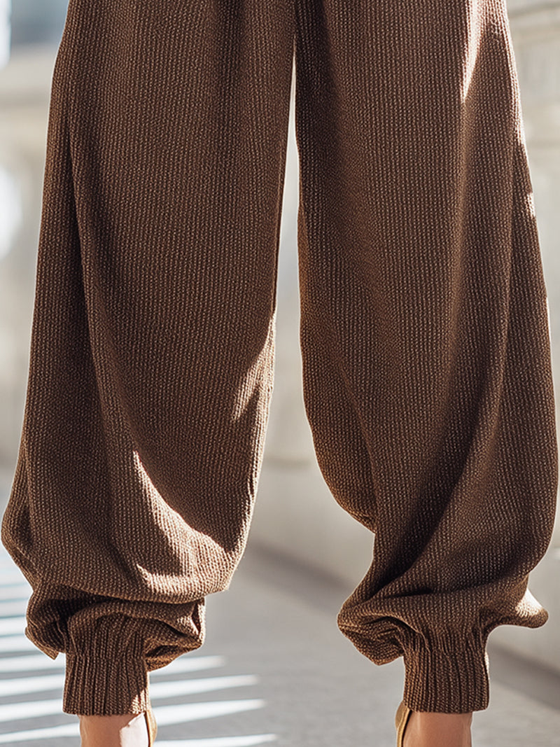 Brown Striped High-Waisted Balloon Pants