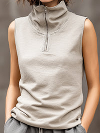 Sleeveless Half-Zip High-Neck Cotton Linen Top And Loose Drawstring Pants Set