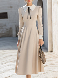 Long-Sleeve Midi Dress With Contrast Collar And Ribbon Tie