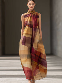 High-Neck Abstract Plaid Sleeveless Maxi Dress