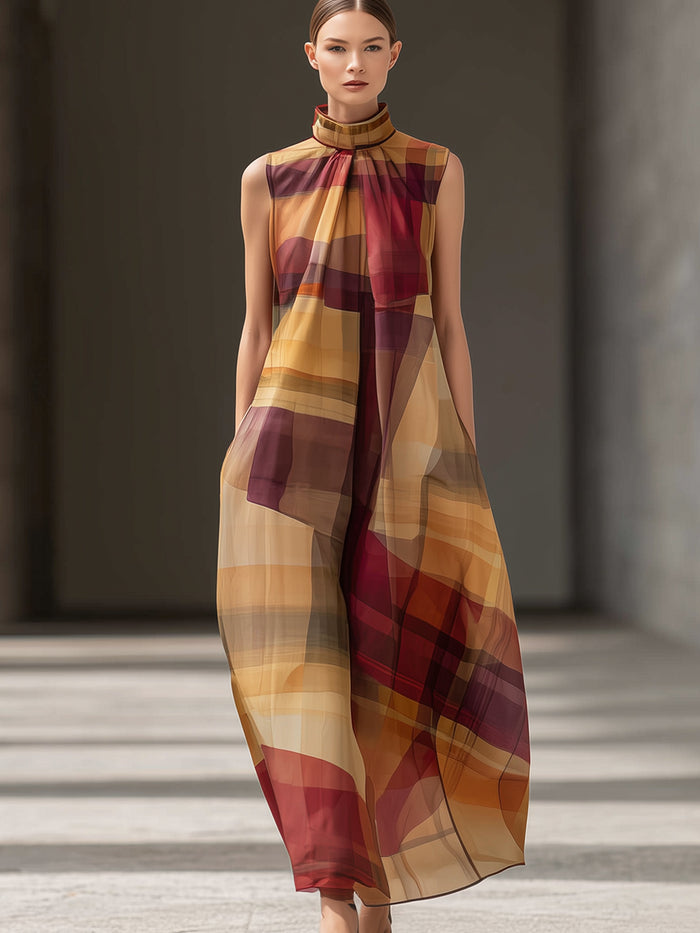 High-Neck Abstract Plaid Sleeveless Maxi Dress