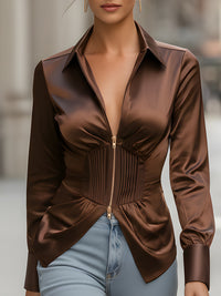 Satin Zip-Front Corset Waist Blouse