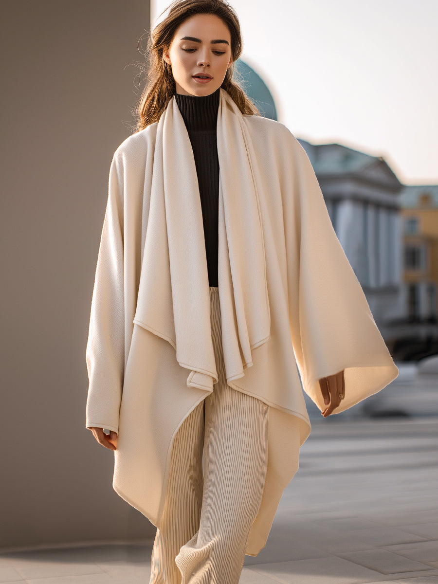 Ivory Drape-Front Oversized Wool Coat