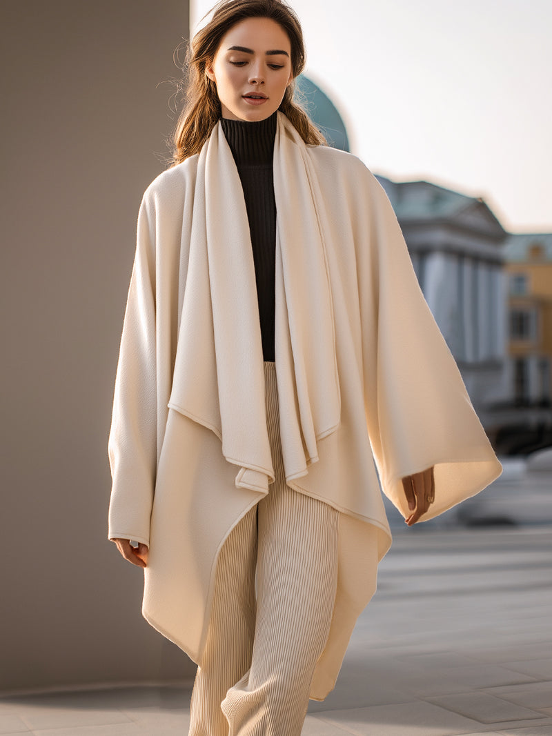 Ivory Drape-Front Oversized Wool Coat