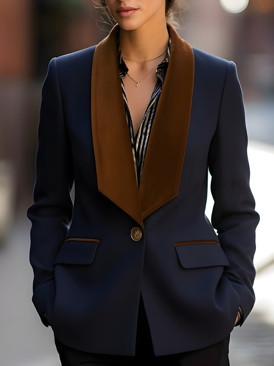 Navy Blazer With Wide Velvet Shawl Collar
