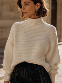 Cream Knit Turtleneck Sweater With Ribbed Design
