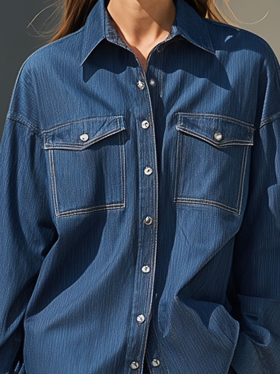 Oversized Navy Blue Denim Button-Down Shirt