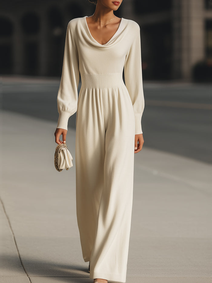 Draped Neckline Ribbed Waist Knit Jumpsuit