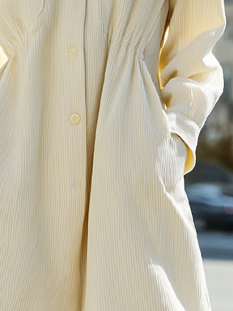 Corduroy Striped Button-Down Shirt Dress With Pockets