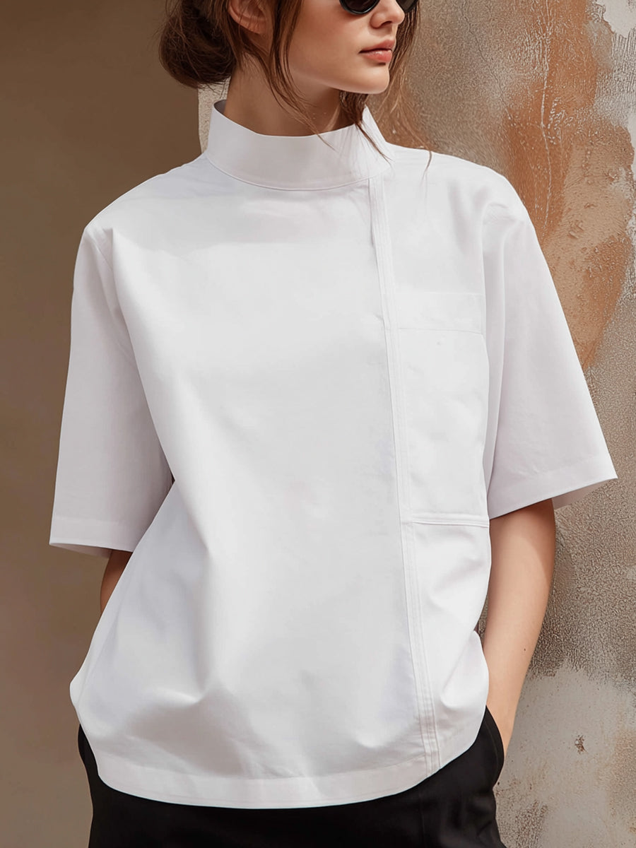 Minimalist High-Neck Half-Sleeve Blouse – Modern Structured Casual Top