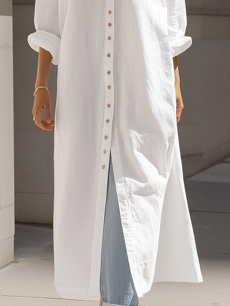 Long Button-Down Cotton Maxi Shirt Dress