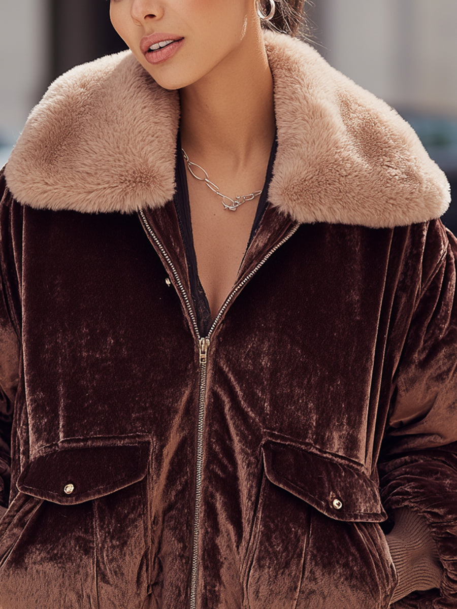 Chocolate Velvet Bomber Jacket With Plush Faux Fur Collar