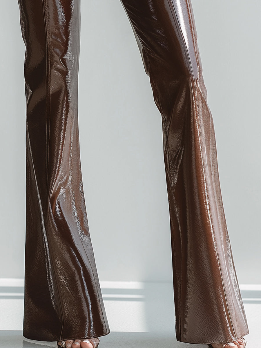 High-Waist Chocolate Brown Glossy Flare Pants