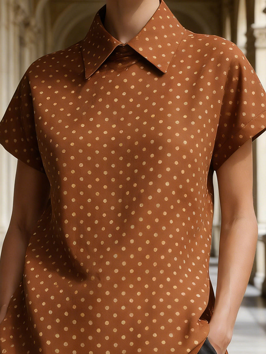 Polka Dot Short-Sleeve Collared Blouse