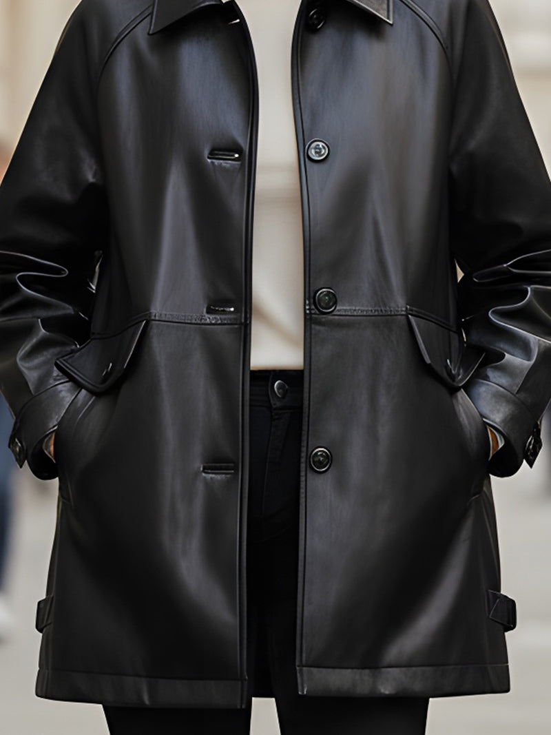 Black Faux Leather Button-Front Coat