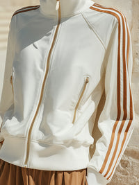 White Track Jacket With Gold Zipper And Brown Stripes