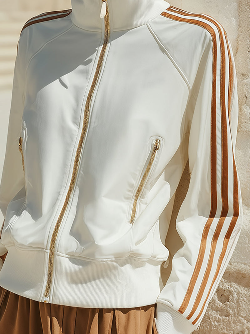 White Track Jacket With Gold Zipper And Brown Stripes