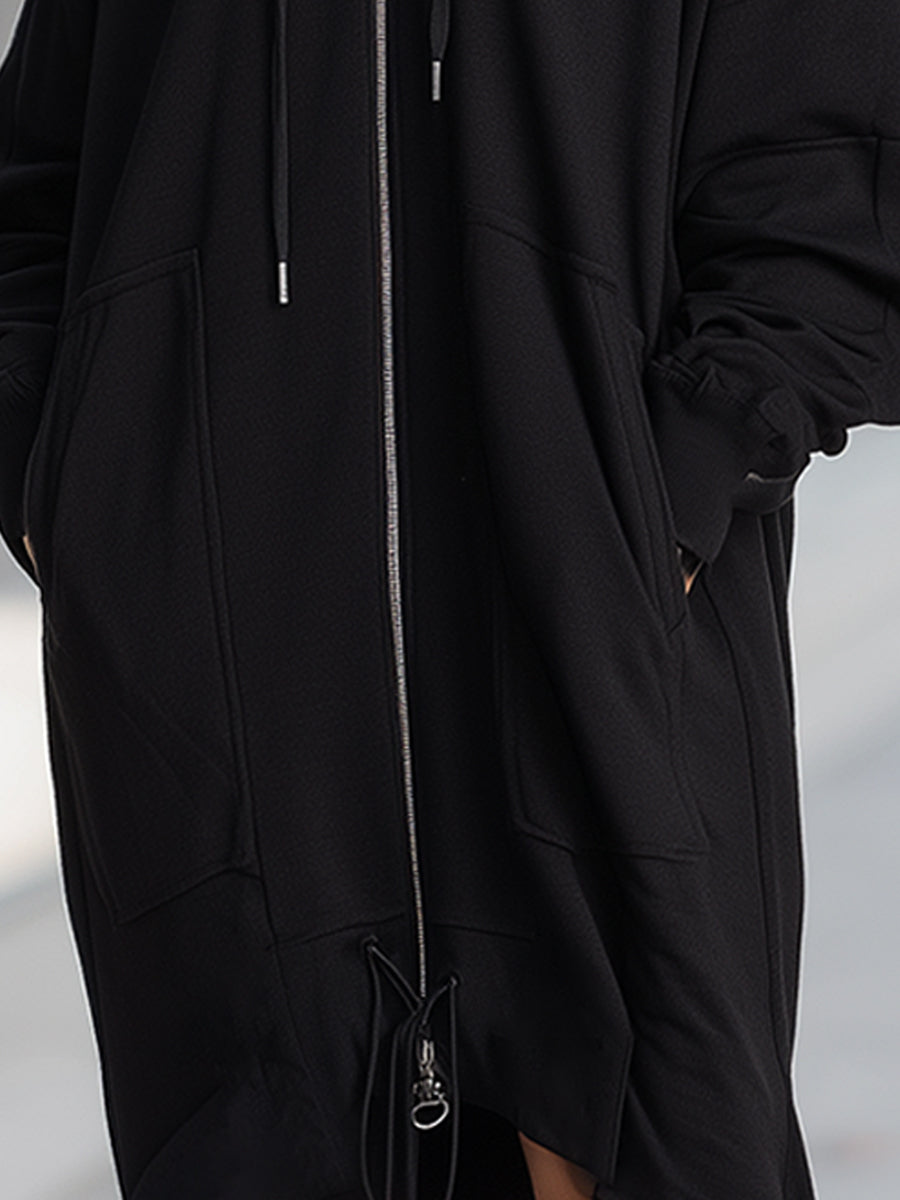 Oversized Hoodie Zip Front Dress With Drawstring Hem