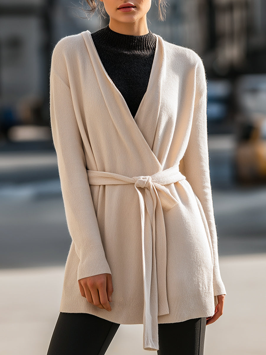 Belted Wrap Cardigan In Soft Beige
