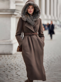 Belted Wool-Blend Coat With Fur-Trimmed Hood