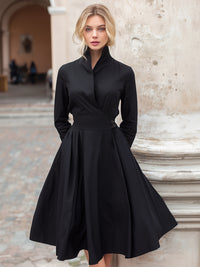 Elegant High-Neck Wrap-Style Midi Dress With Defined Waist