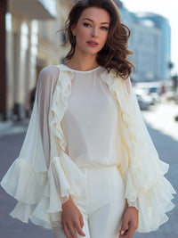Cascading Ruffle Chiffon Cape-Sleeve Blouse