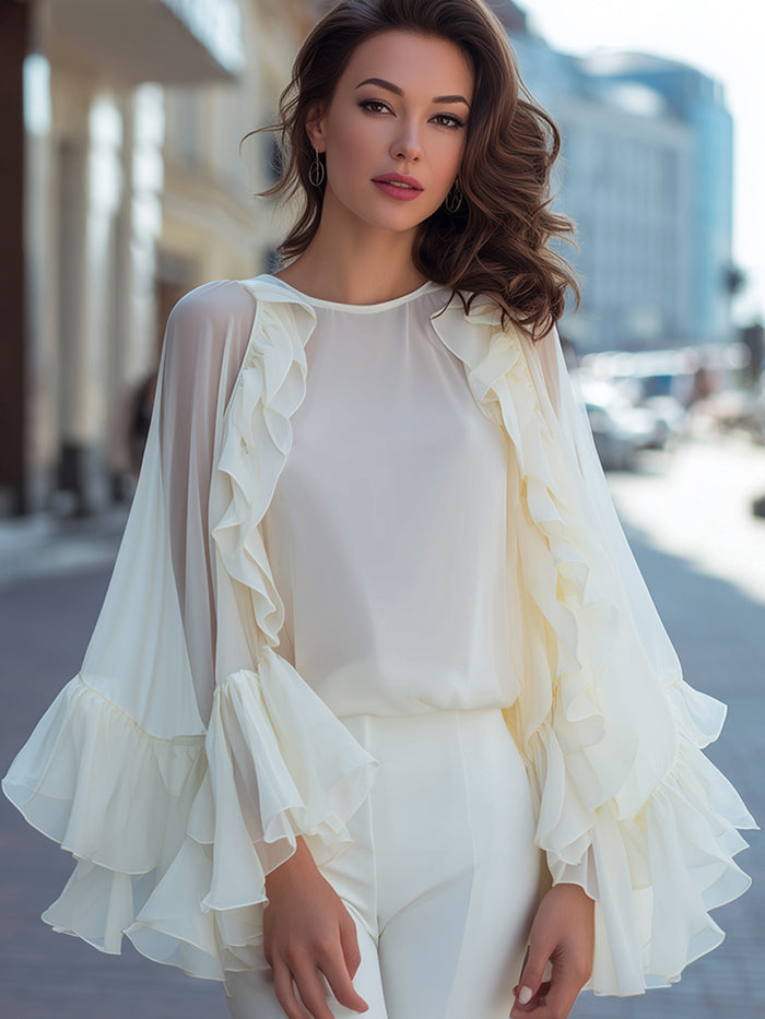 Cascading Ruffle Chiffon Cape-Sleeve Blouse