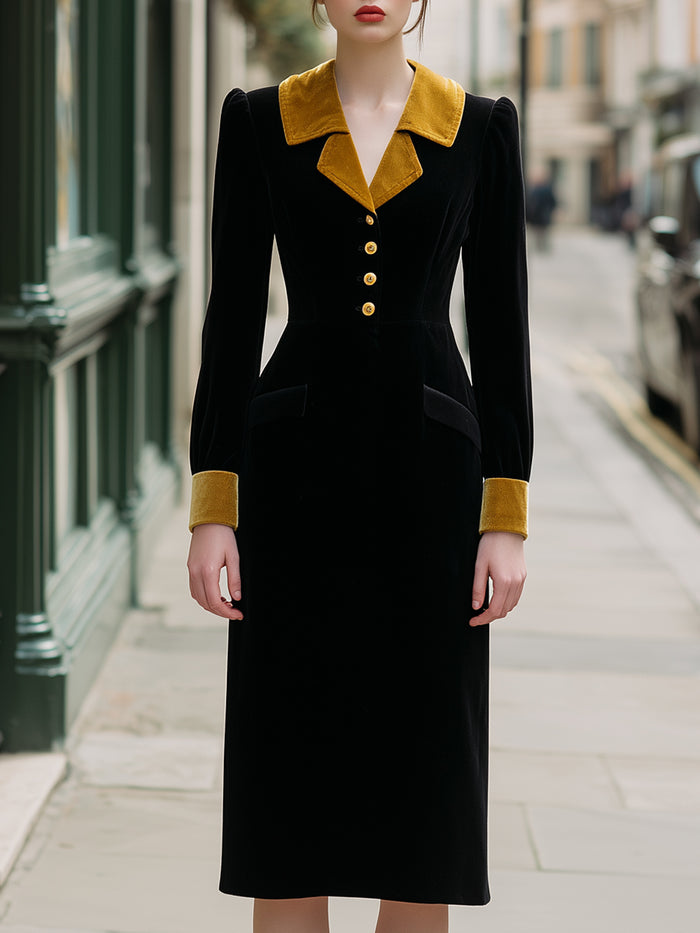 Lack Velvet Dress With Golden Contrast Collar And Cuffs