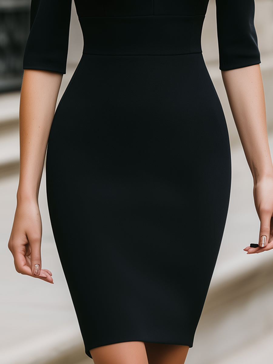 Tailored V-Neck Midi Dress With Three-Quarter Sleeves