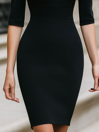 Tailored V-Neck Midi Dress With Three-Quarter Sleeves