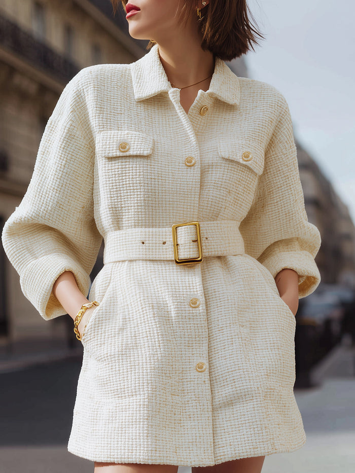 Belted Ivory Tweed Shirt Dress