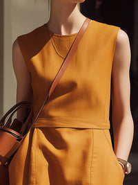 Sleeveless Structured Pocket Midi Dress In Warm Amber