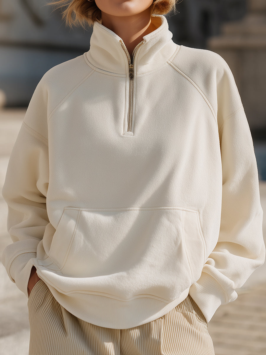 Cream Half-Zip Pullover Sweatshirt