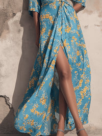 Floral Print Wrap Tie Waist Flowing Maxi Dress