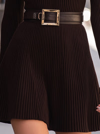 Brown Ribbed Knit Zip-Up Mini Dress
