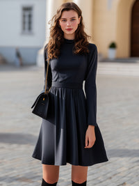 Black Long-Sleeve A-Line Dress With Defined Waist