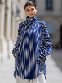 Vertical Stripe Stand-Neck Oversized Shirt