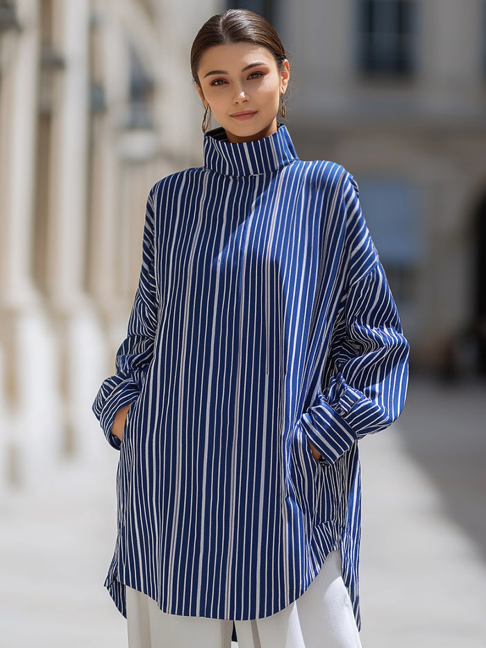 Vertical Stripe Stand-Neck Oversized Shirt