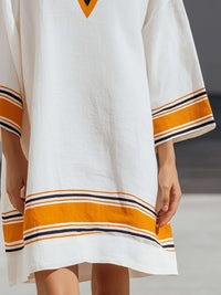 Contrast-Trim V-Neck Kaftan Mini Dress