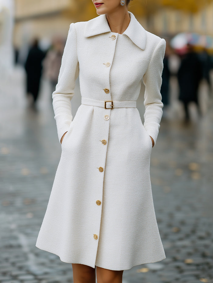 Timeless Grace Belted Ivory Coat Dress