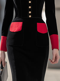 Contrast Collar Button-Up Pencil Dress In Black & Crimson Red