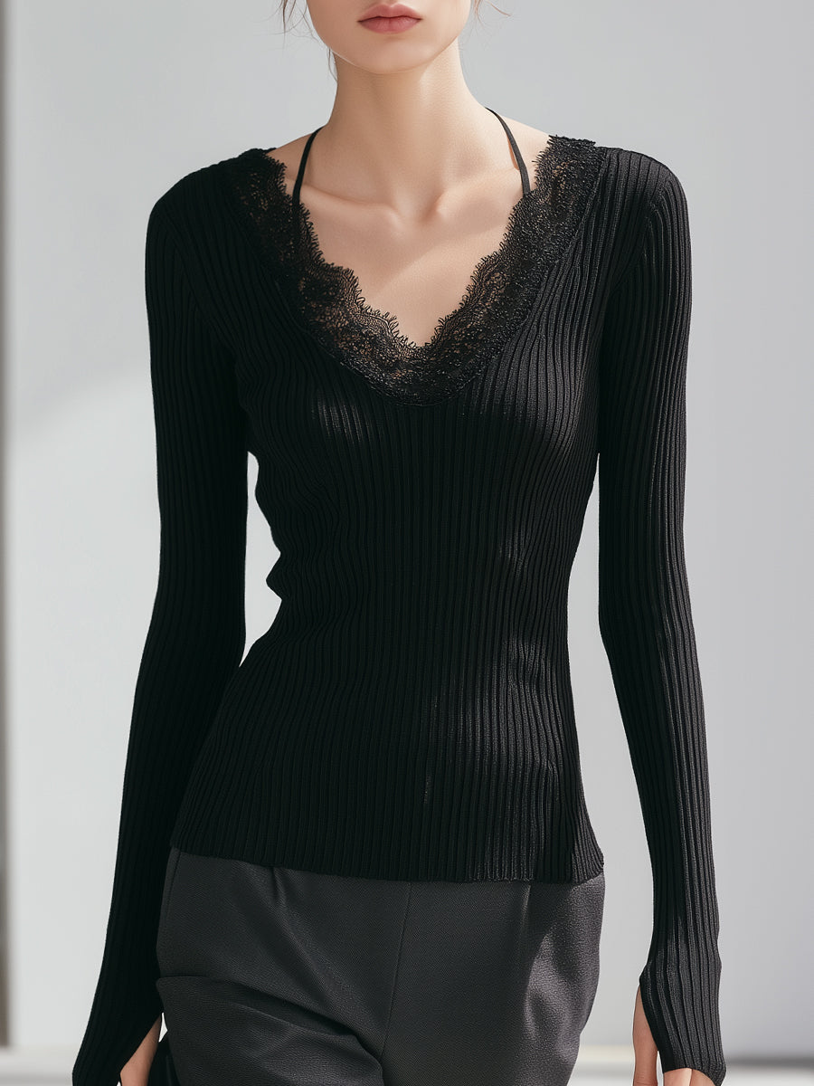 Lace-Trim Ribbed Knit V-Neck Long Sleeve Top In Black