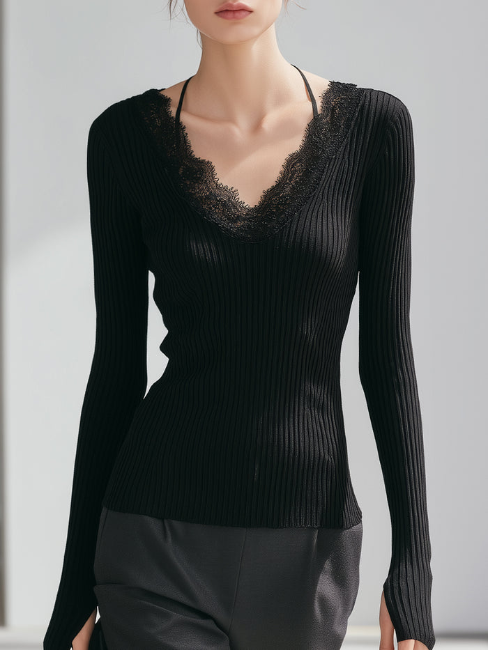 Lace-Trim Ribbed Knit V-Neck Long Sleeve Top In Black