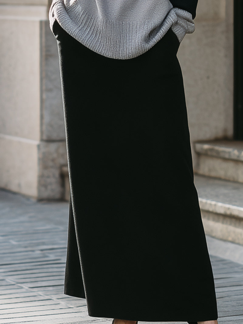 Gray Turtleneck Sweater And Black Skirt Three-Piece Set
